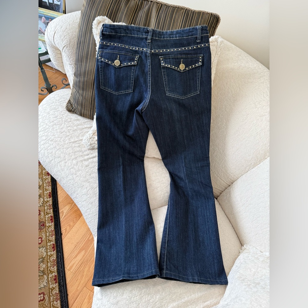 Marshall Rousso Dark Blue Flare Jeans with gold dots on the back pockets